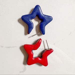 Patriotic Handmade Polymer Clay Fourth of July Two-toned  Star hoop Earrings
